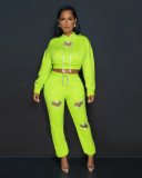 Two Piece Sets Women Outfits Bright Hot Diamond Loving Long Sleeve Hooded Crop Top Pants Lounge Wear