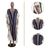 Women Half Sleeve Open Side Split Sweater Shawl Coat Colorful Striped Ruffles Jacquard Knitted Long Cardigans