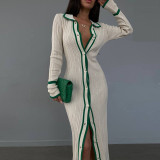Exquisite Patchwork Collar Women's Long Sleeve Cardigan Dress