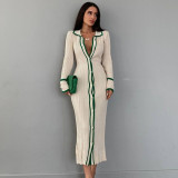 Exquisite Patchwork Collar Women's Long Sleeve Cardigan Dress