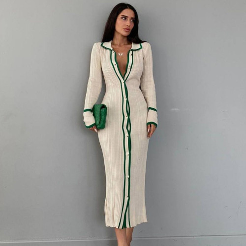 Exquisite Patchwork Collar Women's Long Sleeve Cardigan Dress