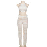 Autumn Sexy See Through Crop Top Patchwork Striated Pants Set