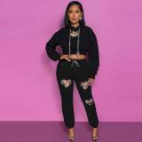 Two Piece Sets Women Outfits Bright Hot Diamond Loving Long Sleeve Hooded Crop Top Pants Lounge Wear