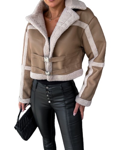 Fashion Patchwork Faux Fur Short Jacket For Women Casual Lapel Long Sleeve Belt Jackets