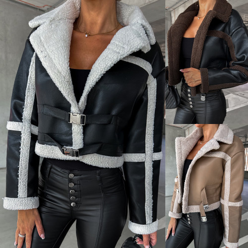 Fashion Patchwork Faux Fur Short Jacket For Women Casual Lapel Long Sleeve Belt Jackets