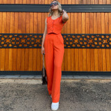 Solid Color Sleeveless V-Neck Short Top and Pants Set