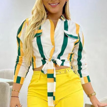 Casual Turn Down Collar Long Sleeve Stripe Print Lace Up Shirts