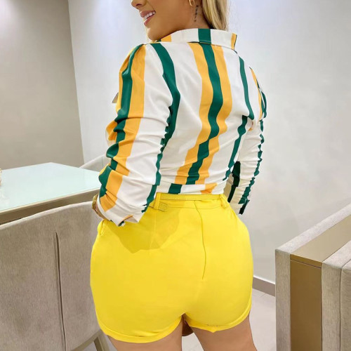 Women's Outfit Elegant Striped Print Crop Belt Shirt and Shorts