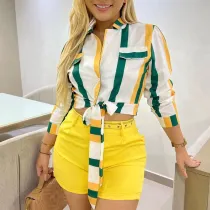Women's Outfit Elegant Striped Print Crop Belt Shirt and Shorts