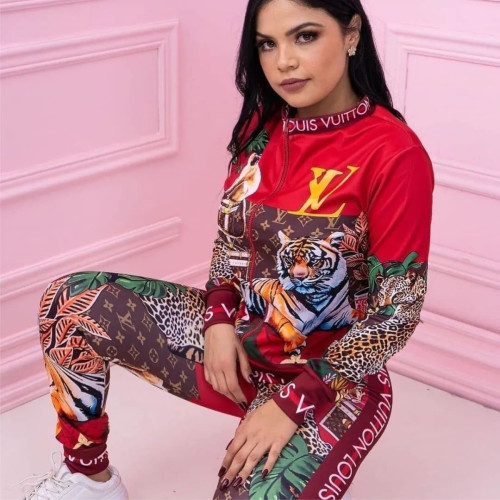New Sports Digital Print Leopard Two Piece Sweatshirt Set