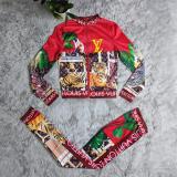 New Sports Digital Print Leopard Two Piece Sweatshirt Set