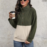 2023 Comfy Color Block Womens Ladies Button Collar Fleece Long Sleeve Sweatshirts