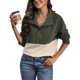 2023 Comfy Color Block Womens Ladies Button Collar Fleece Long Sleeve Sweatshirts