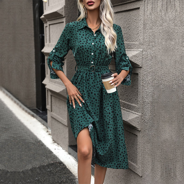 Print Roll Tab Sleeve Belted Shirt Dress