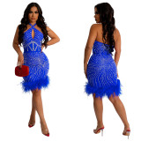Sexy Patchwork Hot Drilling Hollowed Out Backless Halter Sleeveless Dresses