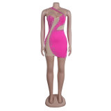 Rhinestones One Shoulder Sleeveless Sexy Hollow Out Mesh Patchwork Mini Dress