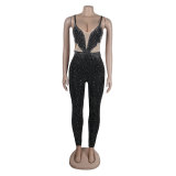 Sexy Bodycon Patchwork One Piece Jumpsuit See Through Rhinestone Outfits
