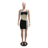 One Shoulder Sleeveless See Through Mesh Patchwork Mesh Hot Drilling Bodycon Dress