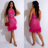 Sexy Patchwork Hot Drilling Hollowed Out Backless Halter Sleeveless Dresses