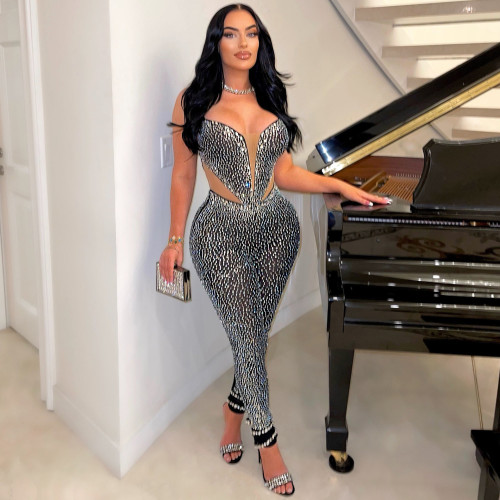 Sexy Bodycon Patchwork One Piece Jumpsuit See Through Rhinestone Outfits