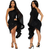 Women's Irregular One Shoulder Ruched Sequin Bodycon Dress