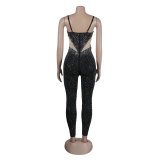 Sexy Bodycon Patchwork One Piece Jumpsuit See Through Rhinestone Outfits