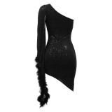 Women's Irregular One Shoulder Ruched Sequin Bodycon Dress