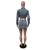 Sexy Solid Patchwork Denim Cropped Jackets Skirt Sets