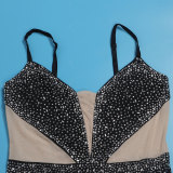 Sexy Bodycon Patchwork One Piece Jumpsuit See Through Rhinestone Outfits