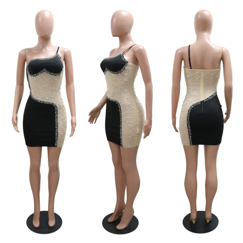 One Shoulder Sleeveless See Through Mesh Patchwork Mesh Hot Drilling Bodycon Dress