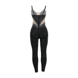 Sexy Bodycon Patchwork One Piece Jumpsuit See Through Rhinestone Outfits