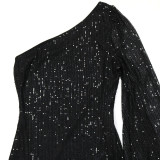 Women's Irregular One Shoulder Ruched Sequin Bodycon Dress