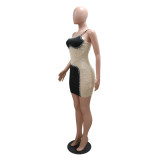 One Shoulder Sleeveless See Through Mesh Patchwork Mesh Hot Drilling Bodycon Dress