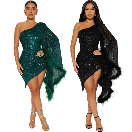 Women's Irregular One Shoulder Ruched Sequin Bodycon Dress