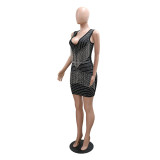 Women's Sleeveless Deep V Neck Metal Chain Tassels Rhinestones Bodycon Dress