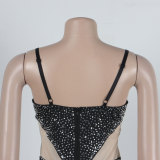Sexy Bodycon Patchwork One Piece Jumpsuit See Through Rhinestone Outfits