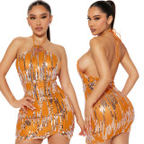 Sexy Sequin Halter Luxury Dresses Backless Club Bodycon Mini Dress