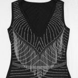 Women's Sleeveless Deep V Neck Metal Chain Tassels Rhinestones Bodycon Dress