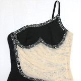 One Shoulder Sleeveless See Through Mesh Patchwork Mesh Hot Drilling Bodycon Dress