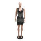 Women's Sleeveless Deep V Neck Metal Chain Tassels Rhinestones Bodycon Dress
