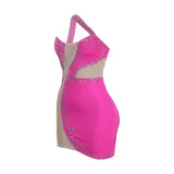Rhinestones One Shoulder Sleeveless Sexy Hollow Out Mesh Patchwork Mini Dress