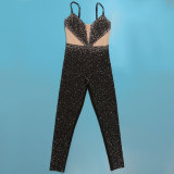 Sexy Bodycon Patchwork One Piece Jumpsuit See Through Rhinestone Outfits