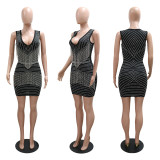 Women's Sleeveless Deep V Neck Metal Chain Tassels Rhinestones Bodycon Dress