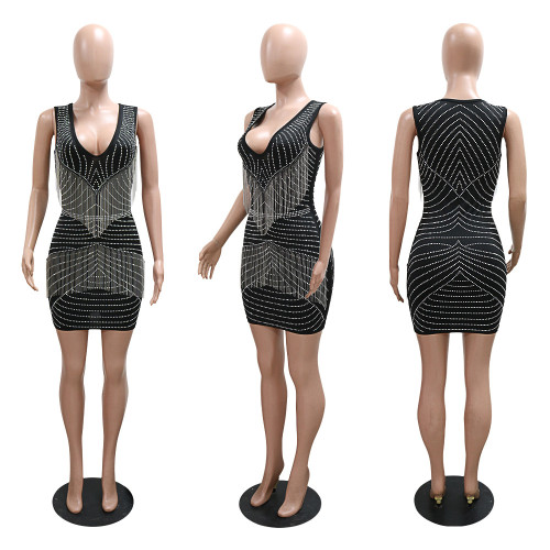 Women's Sleeveless Deep V Neck Metal Chain Tassels Rhinestones Bodycon Dress