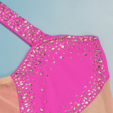 Rhinestones One Shoulder Sleeveless Sexy Hollow Out Mesh Patchwork Mini Dress