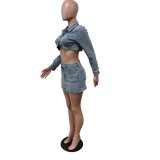 Sexy Solid Patchwork Denim Cropped Jackets Skirt Sets