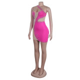 Rhinestones One Shoulder Sleeveless Sexy Hollow Out Mesh Patchwork Mini Dress