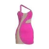Rhinestones One Shoulder Sleeveless Sexy Hollow Out Mesh Patchwork Mini Dress