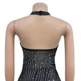 Sexy Patchwork Hot Drilling Hollowed Out Backless Halter Sleeveless Dresses