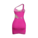 Rhinestones One Shoulder Sleeveless Sexy Hollow Out Mesh Patchwork Mini Dress